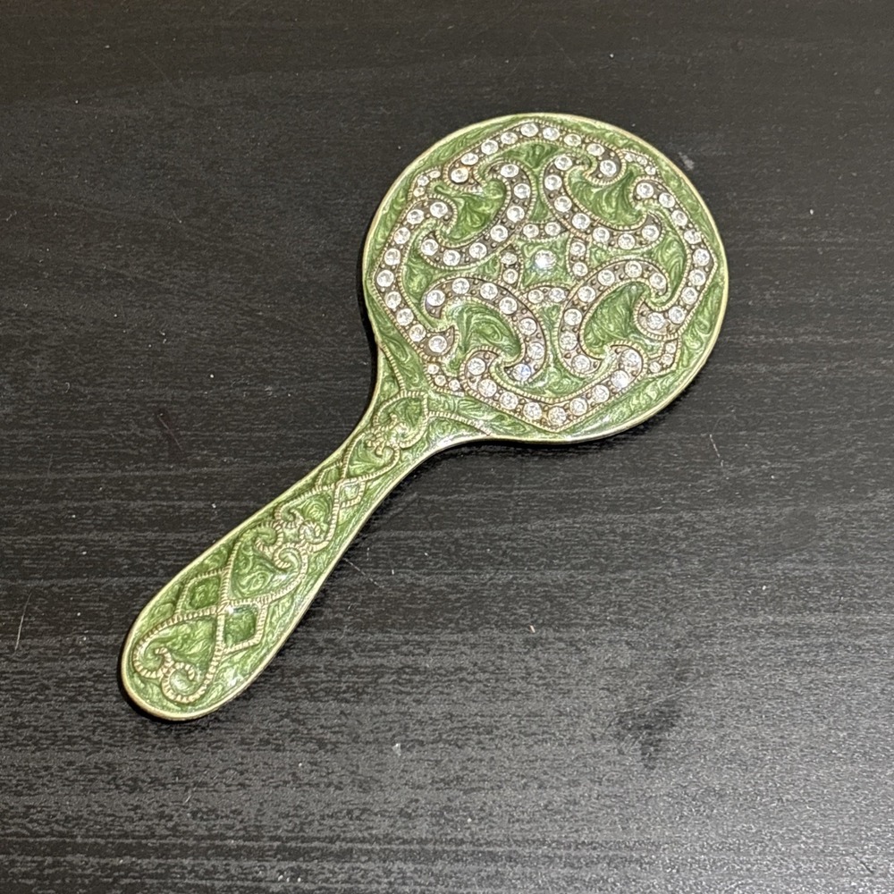 Vintage Small Hand Held Mirror Green Enameled Rhinestones Ornate Filigree Brass